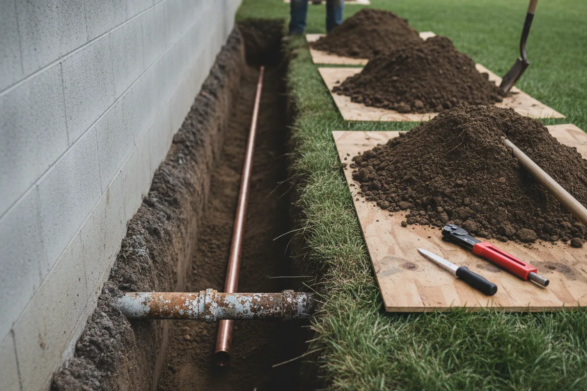 Excavated water line trench during Sewer Line Repair in Newfoundland